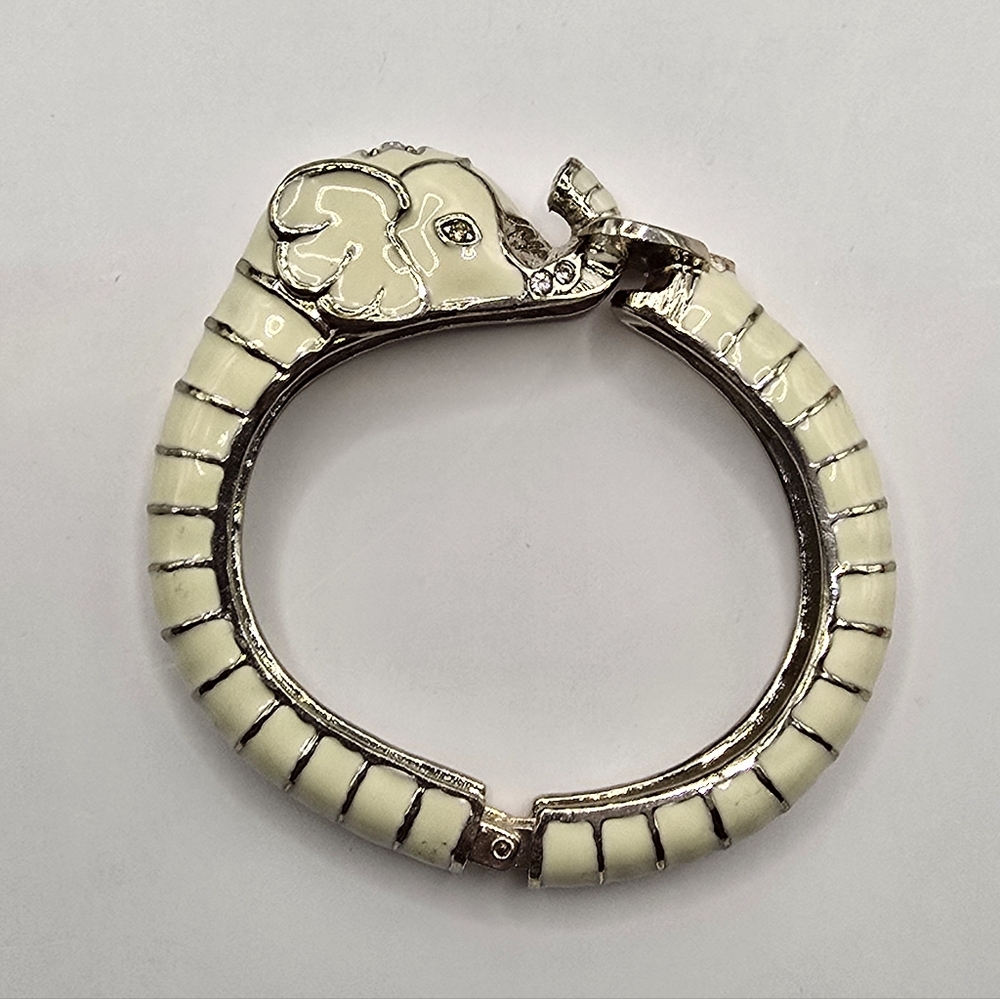 Vintage Elephant Cream Enamel and Silver Tone Clamper Hinged Bracelet